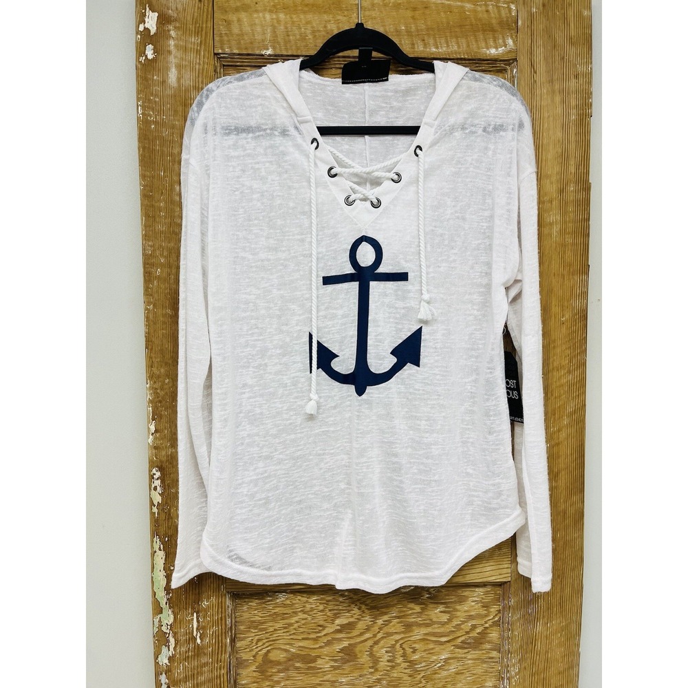 Almost Famous L White Hoodie Cover Up Top Anchor Nautical Beach Fisherman NWT